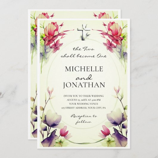 紫色のピンクの花キリスト教クロス結婚バイブル 招待状 (正面/裏面)