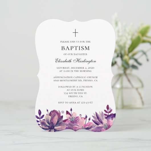 紫色のピンクの花バプテスマの招待の水色 招待状 (スタンド正面)