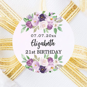 紫色のピンクの花模様誕生日 ラウンドシール