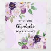 紫色のピンクの花模様誕生日 ワインラベル (シングルラベル)