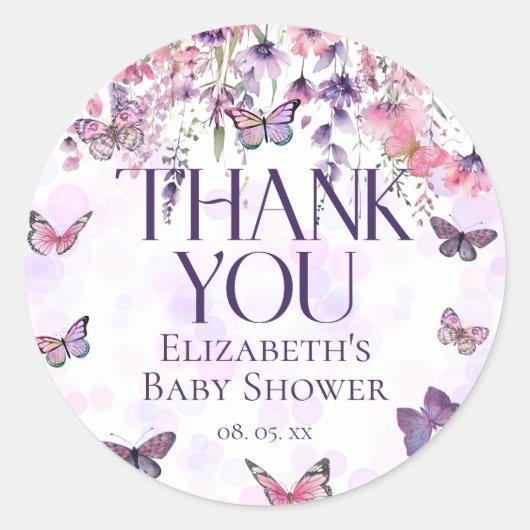 紫色のピンクの蝶とワイルドフラワーベビーシャワー ラウンドシール (正面)