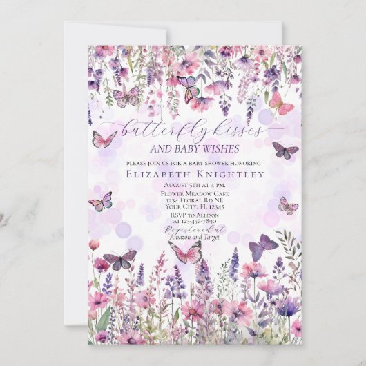 紫色のピンクの蝶とワイルドフラワーベビーシャワー 招待状 (正面)