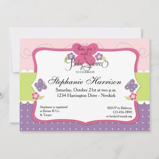 紫色のピンクの蝶ベビーシャワーおよび緑 招待状 (正面)