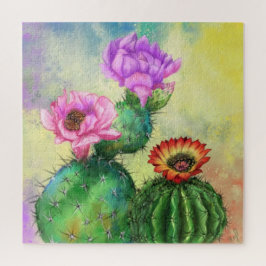 紫色のピンクの赤サボテンの花が絵画浮かんだ ジグソーパズル