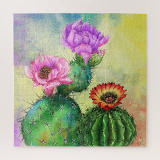 紫色のピンクの赤サボテンの花が絵画浮かんだ ジグソーパズル (縦)