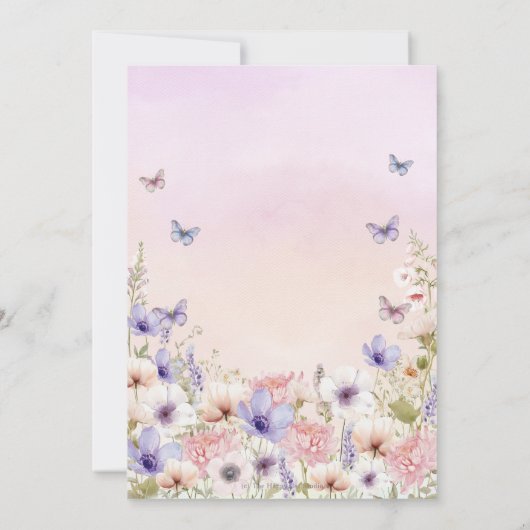 紫色のピンクの野生の花の蝶の赤ちゃんシャワー 招待状 (裏面)