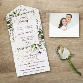 紫色のピンクの野生の花結婚のフローラ オールインワン招待状