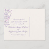 紫色のピンクの鳥かご結婚式は日付カードを保存 案内ポストカード (裏面)