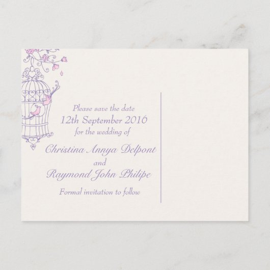 紫色のピンクの鳥かご結婚式は日付カードを保存 案内ポストカード (裏面)