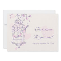紫色のピンクの鳥オープンケージ結婚式招待状