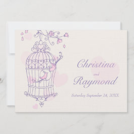 紫色のピンクの鳥オープンケージ結婚式招待状 招待状