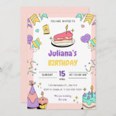 紫色のピンクの黄色の図解入りの、写真付きの誕生日漫画 招待状 (正面/裏面)