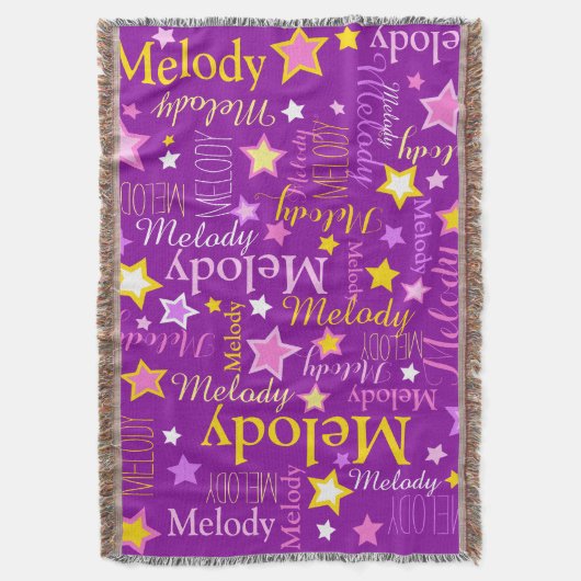 紫色のピンクの黄色の女の子の名前の星のパターン スローブランケット (正面縦)
