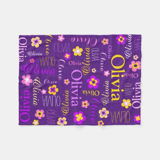 紫色のピンクの黄色の女の子の名前オリビア花 フリースブランケット (正面(横))
