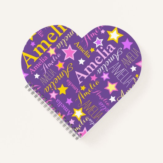 紫色のピンクの黄色の女の子名アメリアの星のパターン ノートブック (正面)