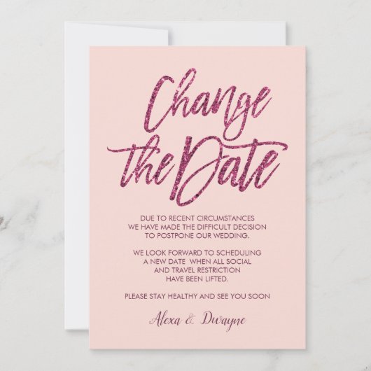 紫色のピンクグリッターキャンセル延期結婚済み 招待状 (正面)