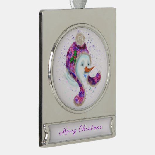 紫色のピンクハットのクリスマスオーナメント雪だるま シルバープレートバナーオーナメント (右)