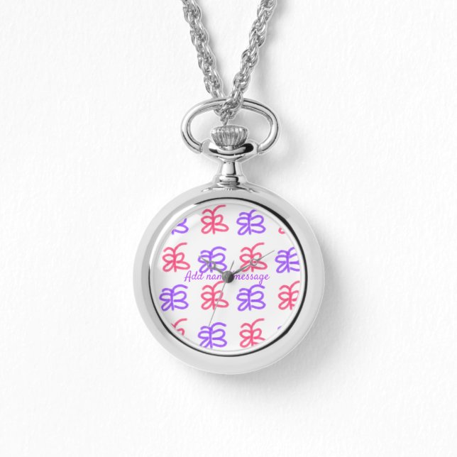 紫色のピンクバタフライドードルパターン追加の名前の文字 腕時計 (正面)