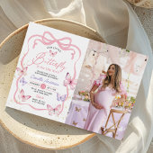 紫色のピンクボウ蝶ガール赤ちゃんシャワー写真 招待状