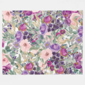 紫色のピンクボホ水彩花 フリースブランケット (正面(横))