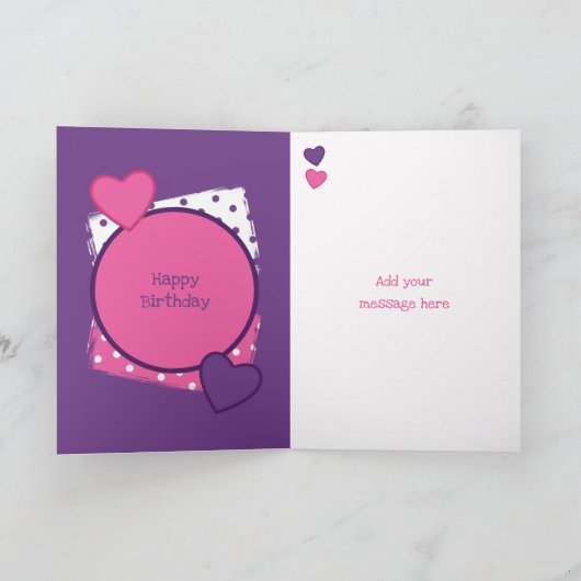 紫色のピンク子供へ色の水玉模様の写真 カード (内部)
