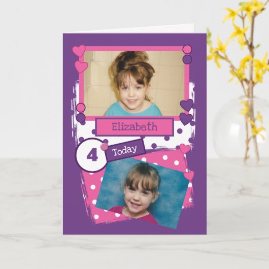 紫色のピンク子供へ色の水玉模様の写真 カード (黄色い花)