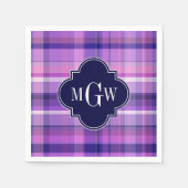 紫色のピンク海軍白くプレッピーなマドラスのモノグラム スタンダードカクテルナプキン (正面)