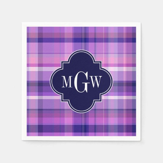 紫色のピンク海軍白くプレッピーなマドラスのモノグラム スタンダードカクテルナプキン (正面)