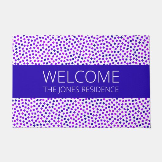 紫色のピンク色のスティップパターン名カスタマイズ ドアマット (正面)