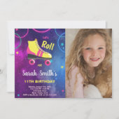 紫色のピンク色のローラースケートで滑る招待状と写真 招待状 (正面)