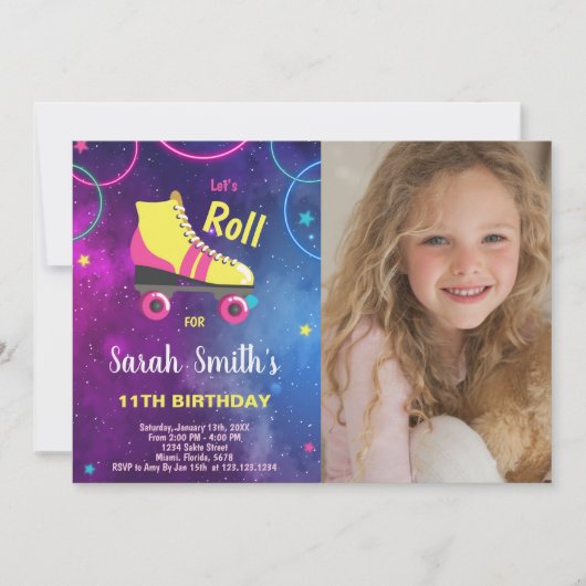 紫色のピンク色のローラースケートで滑る招待状と写真 招待状 (正面)