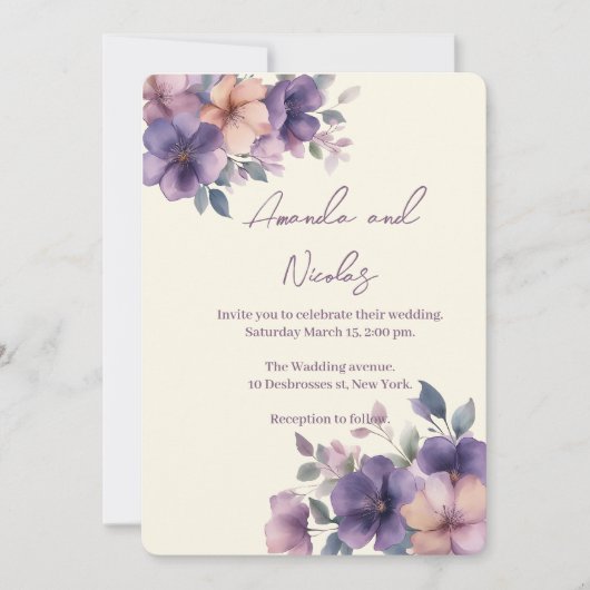 紫色のピンク色の花を結婚式招待状 招待状 (正面)