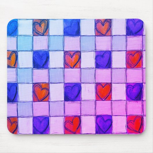 紫色のピンク色の青いハートギンガムマウスパッド マウスパッド (正面)