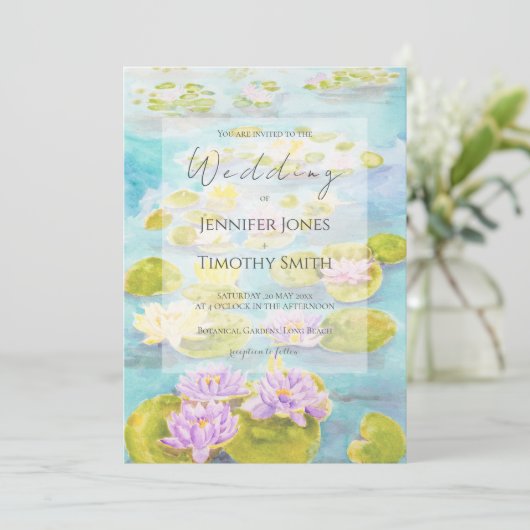 紫色のピンク色の黄色の《植物》スイレン池の水色 招待状 (スタンド正面)
