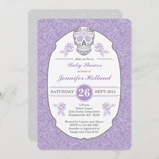 紫色のファンシーなダマスク織のスカルのベビーシャワーの招待状 招待状 (正面/裏面)