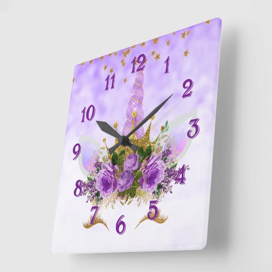 紫色のファンタジーおよび金星のユニコーン スクエア壁時計 (傾斜)