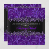 紫色のフェイクなグリッター及びビロードの花柄キンセアニェラ 招待状 (正面/裏面)