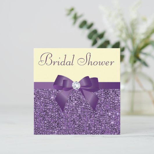 紫色のフェイクなスパンコールの弓ダイヤモンドのブライダルシャワー 招待状 (スタンド正面)