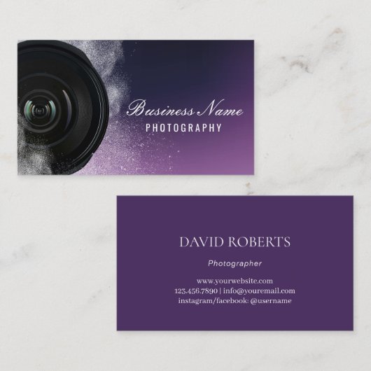 紫色のフォトグラファーによるカメラ撮影 名刺 (正面/裏面)