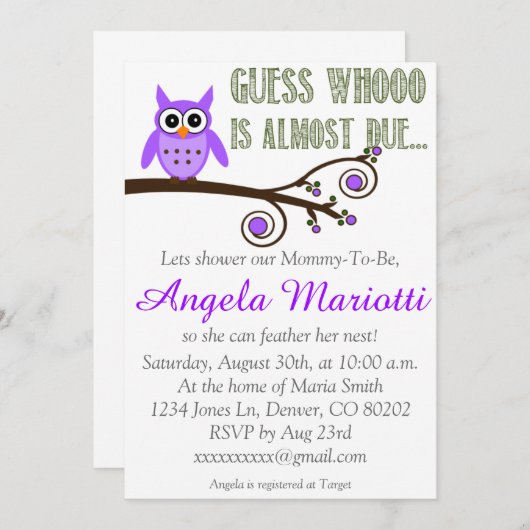 紫色のフクロウのベビーシャワーの招待状 招待状 (正面/裏面)
