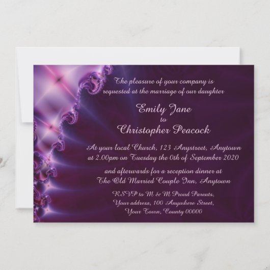 紫色のフラクタルの孔雀の羽の結婚式 招待状 (裏面)