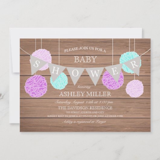 紫色のフラグnフラフス – ベビーシャワー招待状 招待状 (正面)