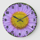 紫色のフラバーンデイジーと黒の数字フローラ ラージ壁時計 (正面)