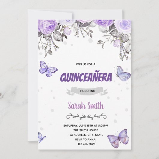 紫色のフラワーバタフライカンステーマ 招待状 (正面)