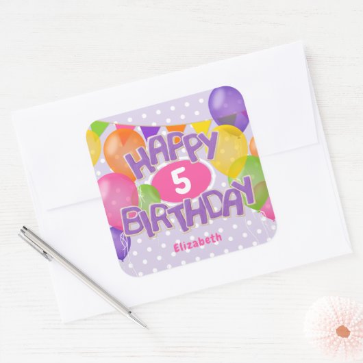 紫色のフロストクッキーとバルーンハッピーバースデー スクエアシール (封筒)