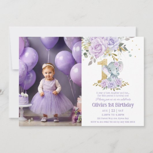 紫色のフローラかわいいゾウ1歳の誕生日の写真 招待状 (正面)