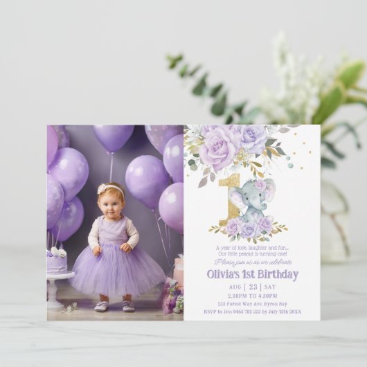 紫色のフローラかわいいゾウ1歳の誕生日の写真 招待状 (スタンド正面)