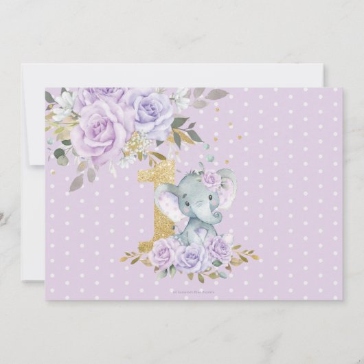 紫色のフローラかわいいゾウ1歳の誕生日の写真 招待状 (裏面)