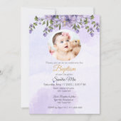 紫色のフローラとフォトバプテスマ招待状 招待状 (正面)