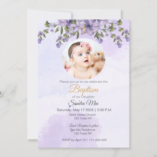 紫色のフローラとフォトバプテスマ招待状 招待状 (正面)